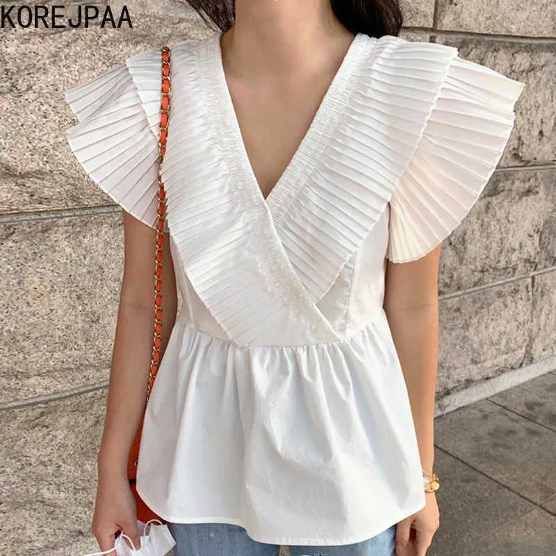 Korejpaa Kvinnorskjorta Sommar Korea Chic Temperament V-Neck Organ Pleated Design Midja Ruffled Hem Flyga Ärmar Doll Blus 210526