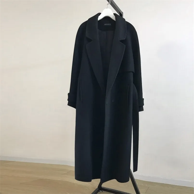 Vårkvinnor Ullblandningar Trench Coat Elegant ytterkläder Casual Loose Cardigan Kvinna Cashmere Overcoat Koreansk version 211130