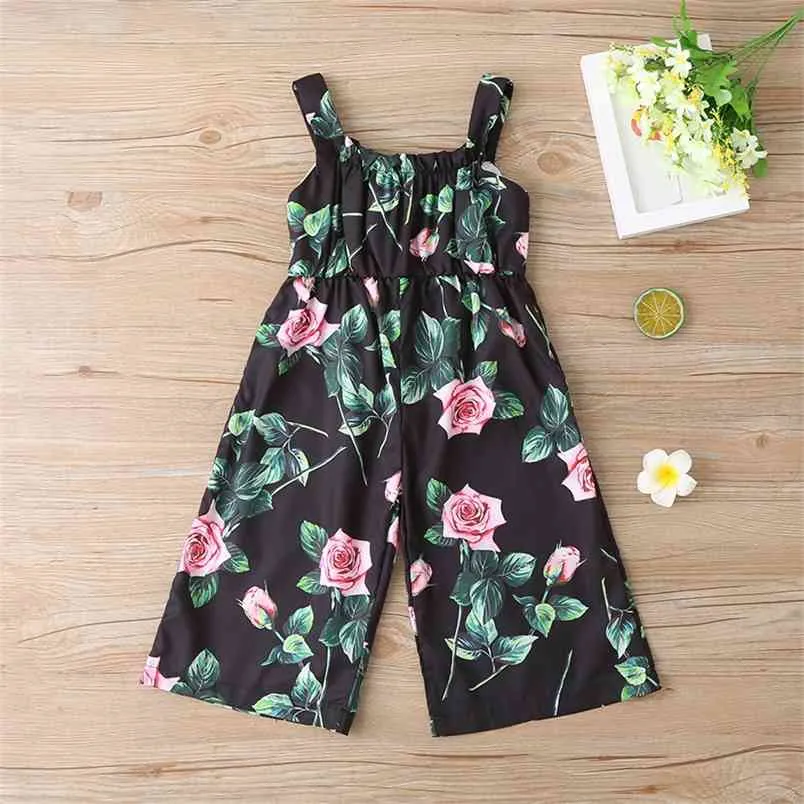 Sommar Overaller Kid Kläder Tjej Kläder Blomma Tryckt Suspender Jumpsuit för Kids Girls 210528