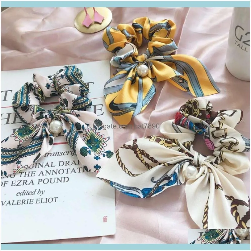 Women Elegant Vintage Print Bow Knot Pearls Elastic Hair Bands Sweet Headband Rubber Band Scrunchie Fashion Accessories