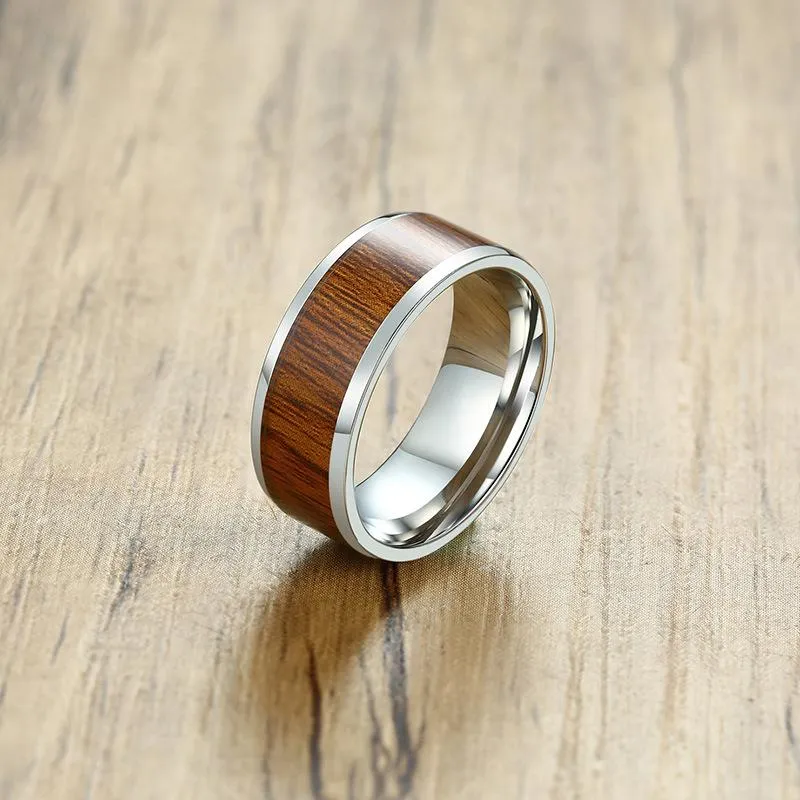 Wedding Rings 8MM Men's Stainless Steel Wood Inlay Ring For Trend Personality Men Band Finger Spot Jewelry