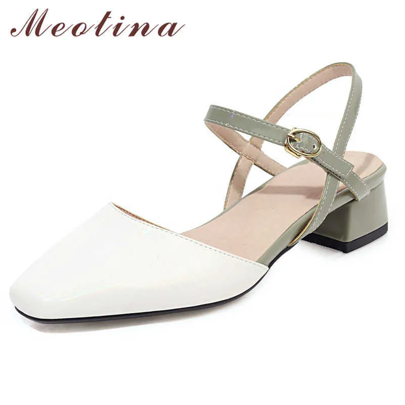 Meotina Kobiety Buty Slingbacks Mid Heels Pompy Square Toe Grube Obuwie Obuwie Obuwie Letnie Eleganckie Buty Kobieta Czarny Biały 210608