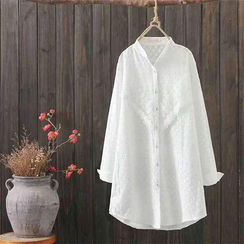 春の秋のスタンド刺繍の白いシャツの長いカジュアルな綿の完全な女性トップス210615