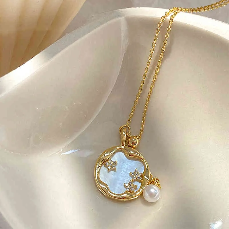 Ультрамодные изысканные 14k настоящие позолоченные круглые жемчужные звезды цепи кулон ожерелье для женщин AAA Цирконийский характер украшения подарок