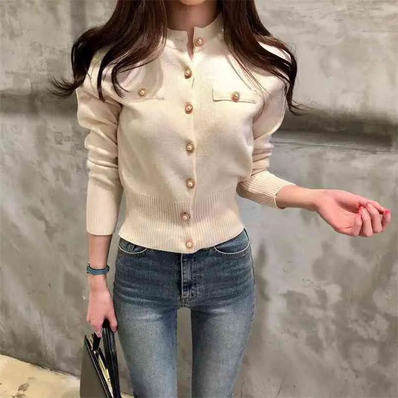 Vårhöstens Kvinnors Cardigan Solid Färg Singelbröst Långärmad Koreansk stil Slim-Fit S LL275 210506