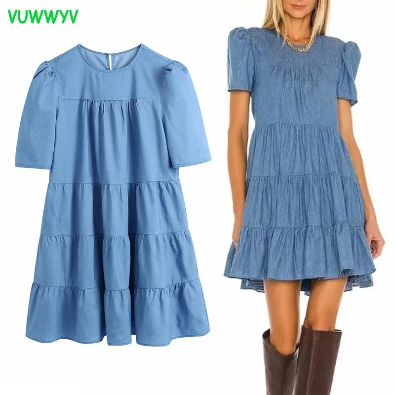 Yaz Mavi Denim Fırfır Elbise Kadın Bahar Vintage Pileli Mini Parti Kadın Kısa Kollu Omuz Pad ES 210430