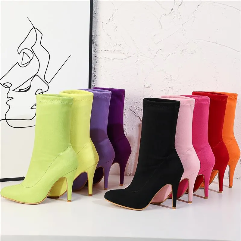 Botas 2021 de talla grande 32-48 para mujer, fetiche de ante Stiletto de 10cm, tacones altos, morado, amarillo, verde neón, botines cortos, zapatos de melocotón