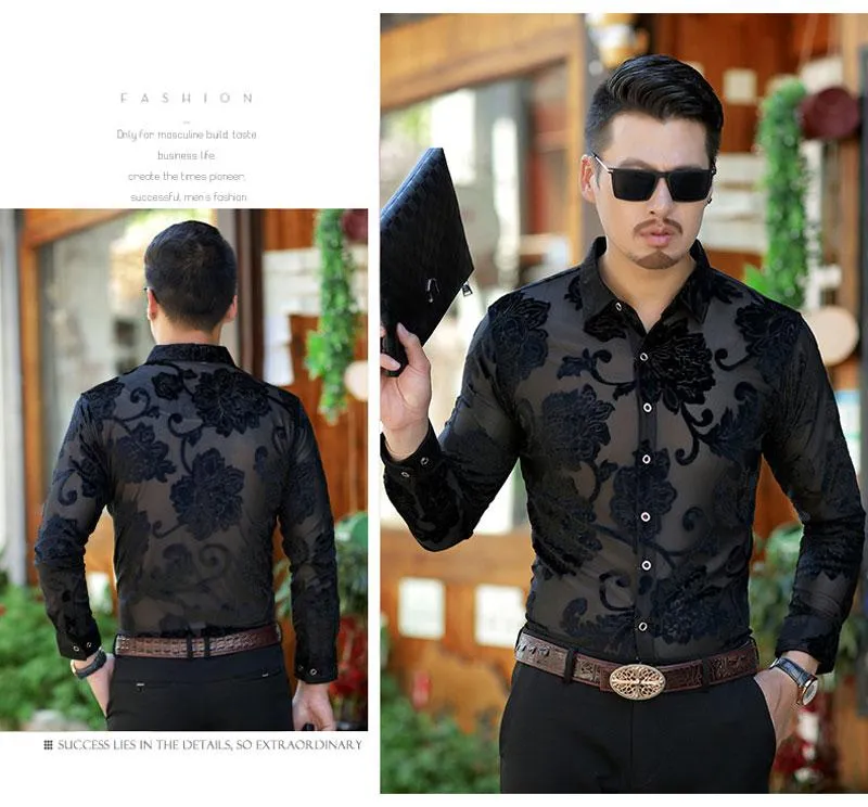 Luxury Transparent Shirt Men Floral Embroidery Lace For Male Sexy See Through Dress Shirts Mens Club Party Prom Chemise Men's321E