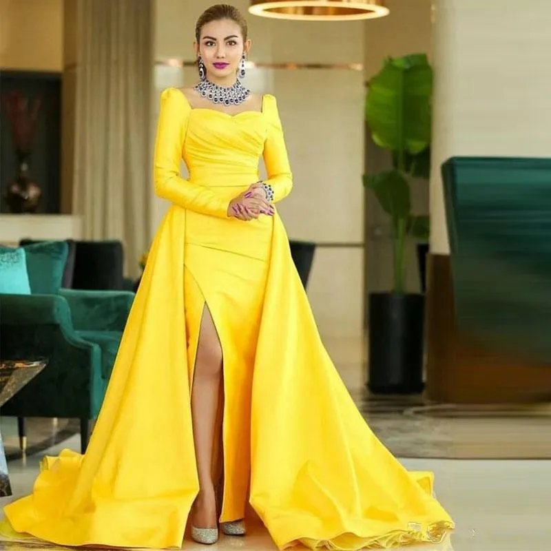 Yellow Satin Mermaid Arabic Prom Dresses Overskirts Sexy Side Split Long Sleeves Evening Vestidos De Fiesta Formal Party Gowns