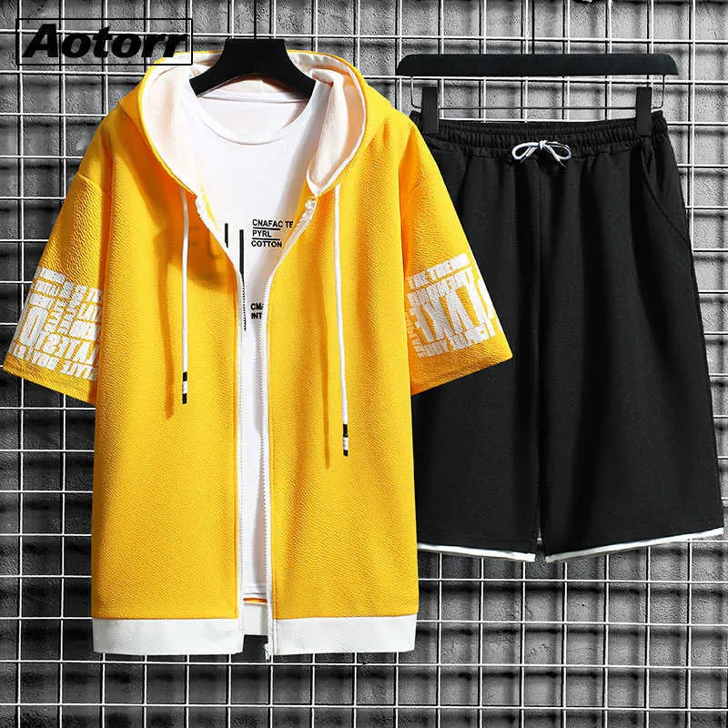 Os conjuntos masculinos com capuz zipper manga curta tops + cintura elástica calças homens roupas 2 peças conjunto coreano streetwear jogging tracksuit 210714