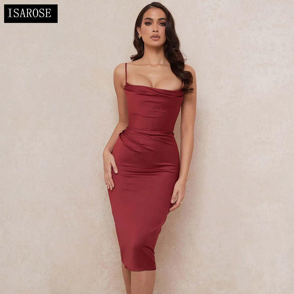 ISAROSE Frauen Seide Party Kleid Wein Rot Schlank Spaghetti Strap Hohe Taille Zurück Reißverschluss Sommer Sexy Bodycon Kleider Drop Shipping 210422