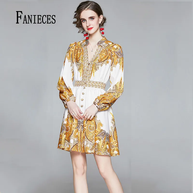 Summer Runway Designer Dresses Women's autumn long Sleeve Shirt Collar yellow Floral Printed Baroque Dress vestido streetwear 210520