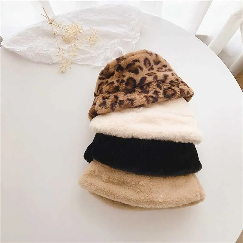 Outono e inverno coelho de pele de leopardo monocromático chapéu infantil cubeta coreano 2-7y pescador bebê plush 211023