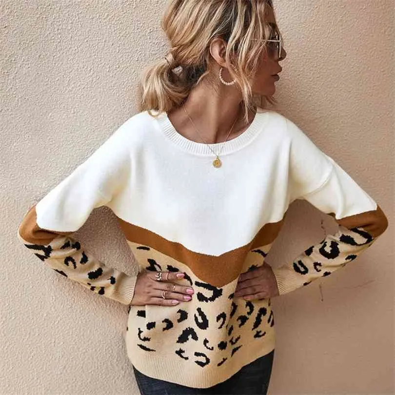 Moda leopard mulheres suéter outono inverno senhoras o-pescoço manga cheia jumper casual fêmea feminina oversize pulôvers 210922