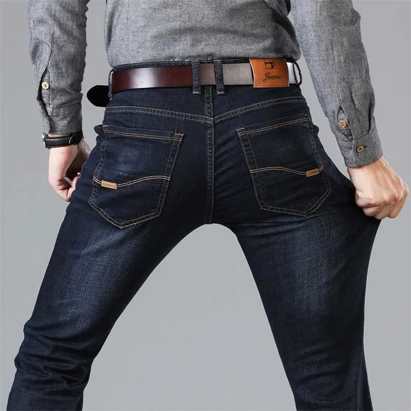 Classic Style Men's Black Blue Regular Fit Jeans Business Casual Stretch Denim Pants Male Brand Trousers 211108