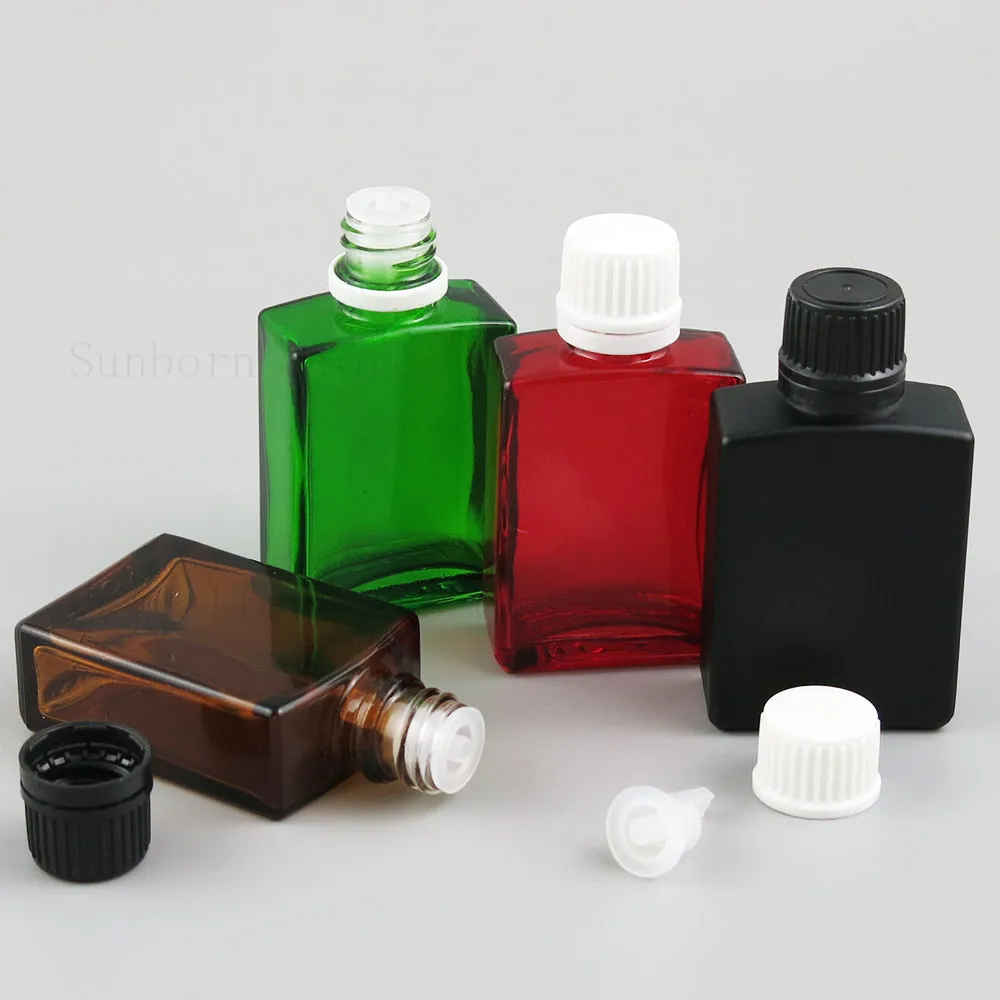 20 stks 30ml Flat Square Frost Black White Clear Glass Essential Oil Fles met opening Reducer 1oz Perfume E Liquid Container