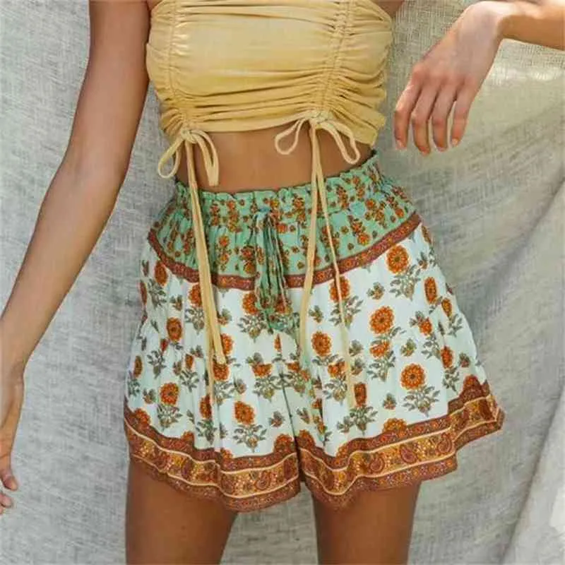 Teelynn grön bomull blommig tryck sommar korta byxor bohemia boho strand elastiska midja shorts kvinnor casual kvinnliga scanties 210323