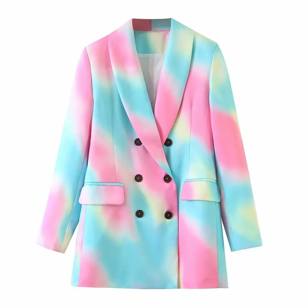 Women Fashion Double Breasted Tie-dye Blazers Coat Vintage Long Sleeve Pockets Female Outerwear Chic Tops 210521