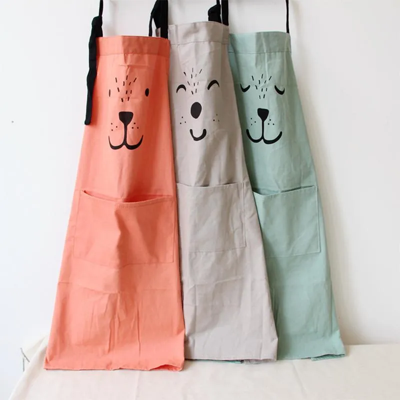 Aprons Cartoon Cotton Linen Bib Apron Solid Color Kitchen Cooking With Pocket Clothes Gift For Adult Children Gardening Works