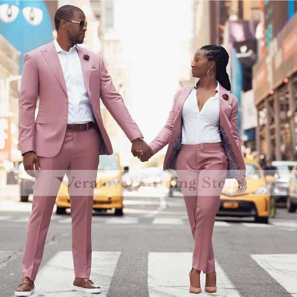 Veralove Pink Bussiness Couple Suit Peaked Revers One Button Groom Tuxedos Costume de mariage pour hommes Set Custom Made (Veste + Pantalon)