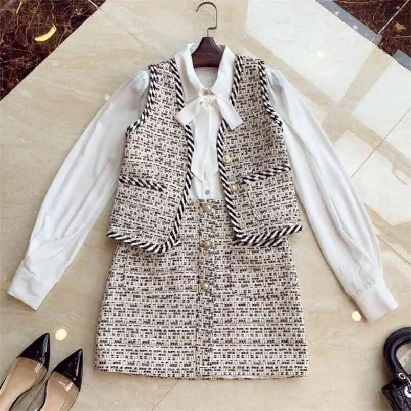 Höst mode designer koreanska 3 stycken uppsättning kvinnor outfits båge krage vit skjorta + väst tweed jacket coat mini ull kjol 210514