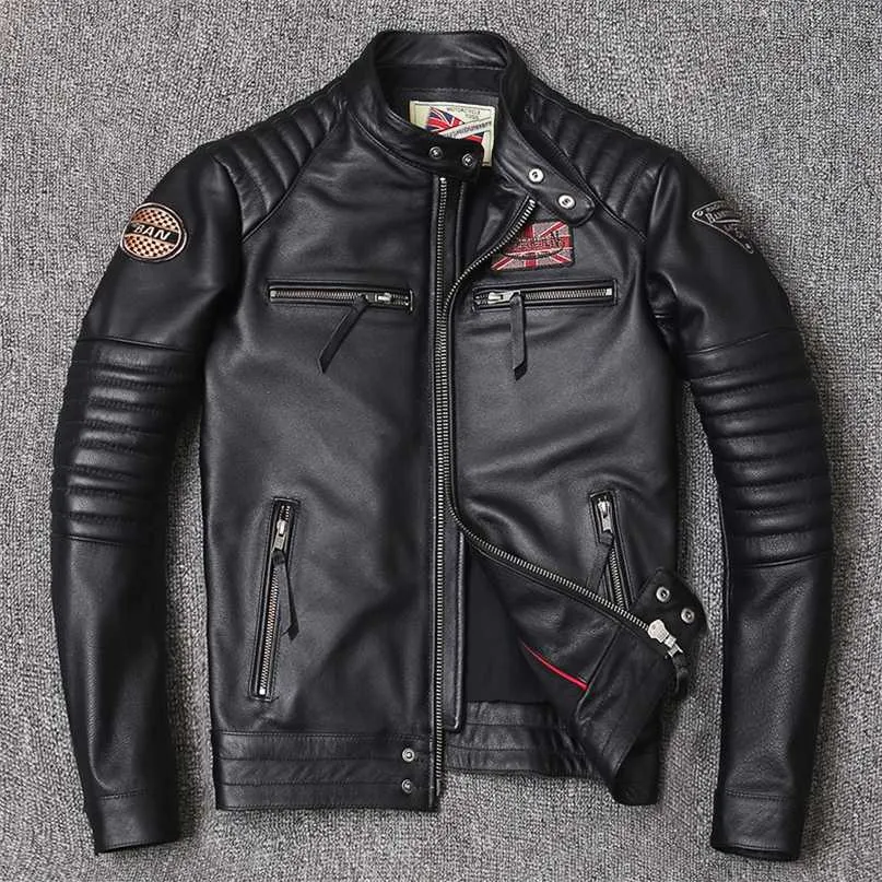 Motorrad Echtlederjacke für Herren Stil Bikerjacken Slim Rindsleder Frühlingsmantel Herren 211008