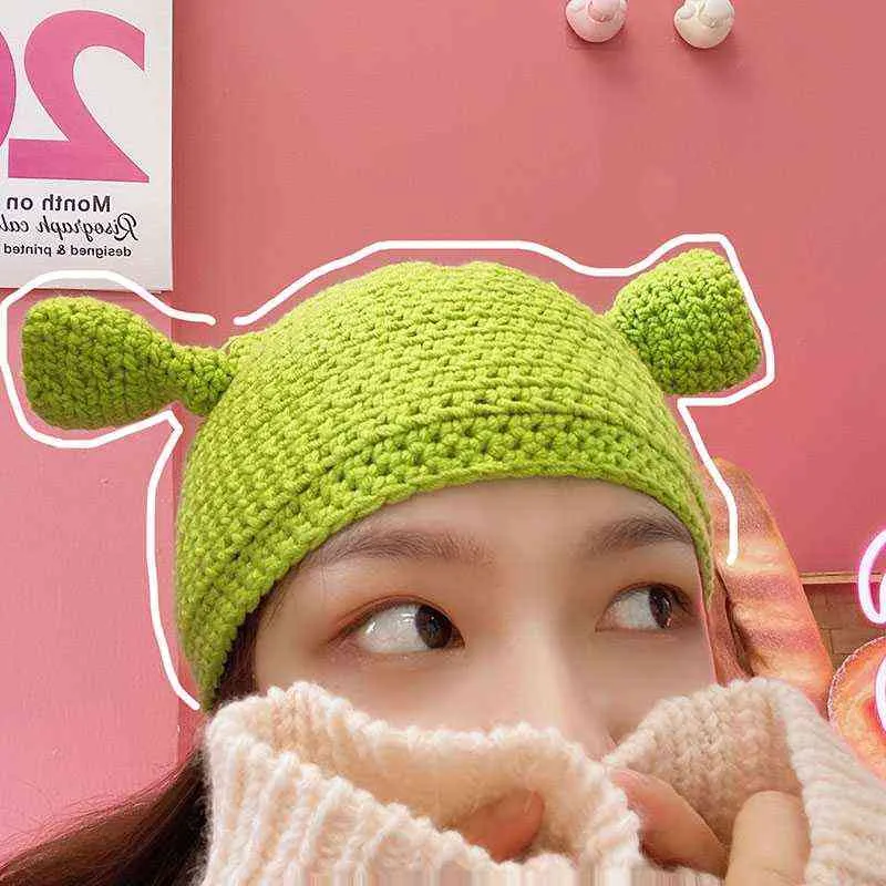 Balaclava Monster Shrek Hat Funny Winter Knitted Hats Green Party Funny Beanie Skullies Cap for Women Men Handmade Balaclava Cap Y21111