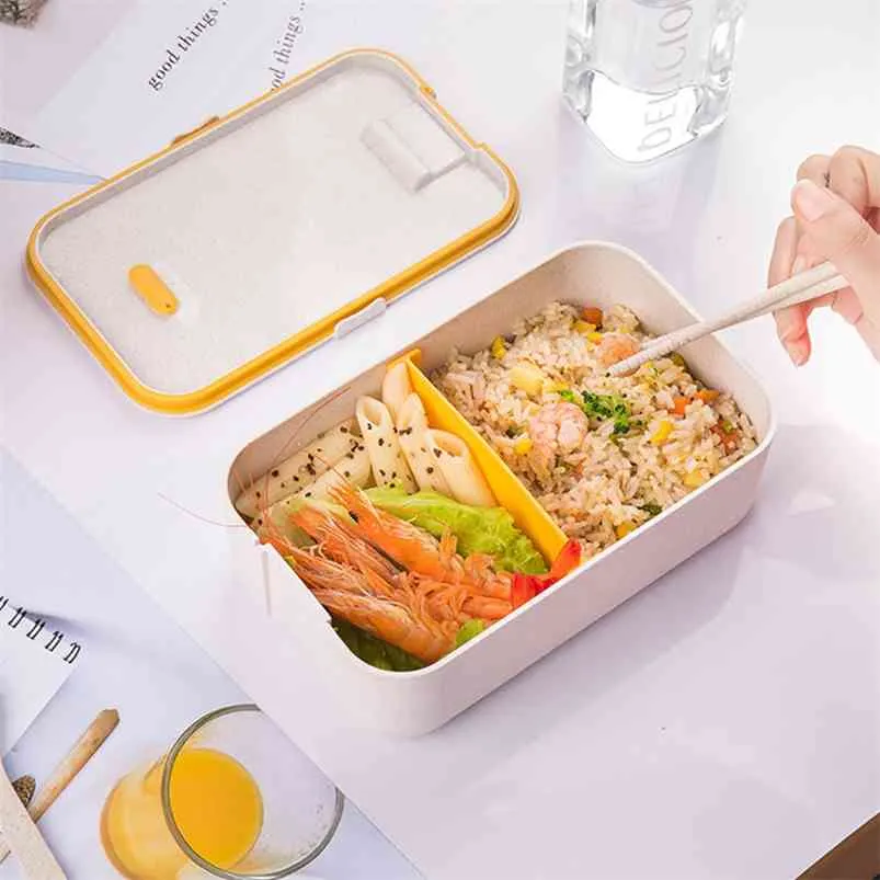 Lunch box z sztućce pszenicy słomy kreskówka podwójny pokład przenośnego bento przechowywania żywności dla dzieci studenci na zewnątrz 210423