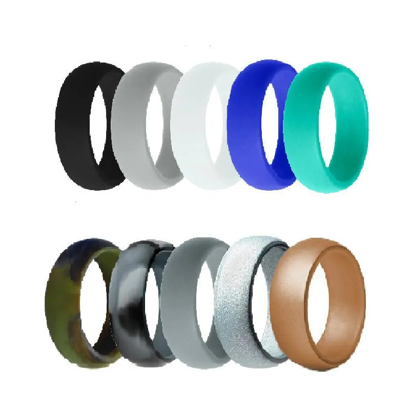 Fedi nuziali 10 pezzi / set 8mm ipoallergenico flessibile per uso alimentare FDA anello in silicone Army Band fidanzamento in gomma per uomo donna