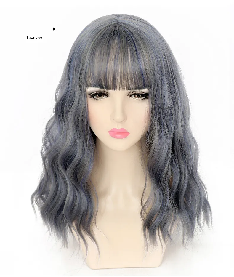 Quality Short Curly Water Wave Gray High Temperature Wigs for Black White Women Afro Corn Perm Cosplay Party Boho Hair Wig with Bangs