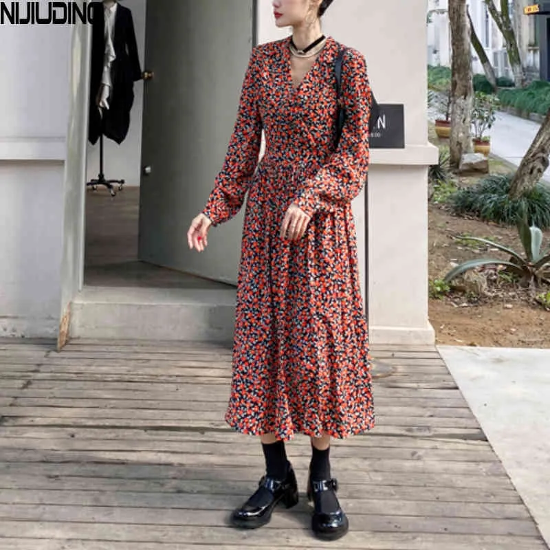 Lente zomer herfst vrouwen bloemen print jurken vrouwelijke lange mouw elastische taille v-hals elegante jurk mujer vestidos 210514