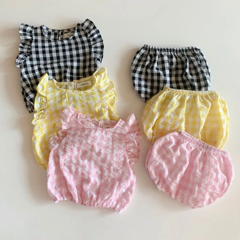 Baby Boys Clothing Sets Summer Plaid Polka Pure Cotton and Linen Infant Girls Suit Outfit 210429