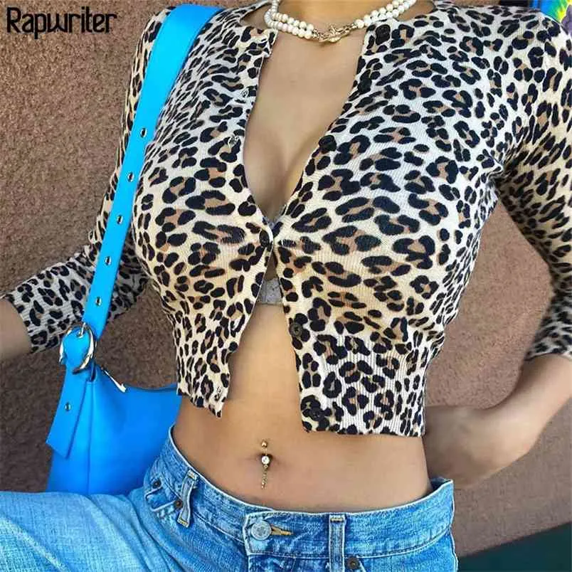 Maglietta sexy a maniche lunghe con scollo a V con stampa leopardata vintage Donna Crop Top harajuku Donna Botton Up Tee Shirt Slim 210510