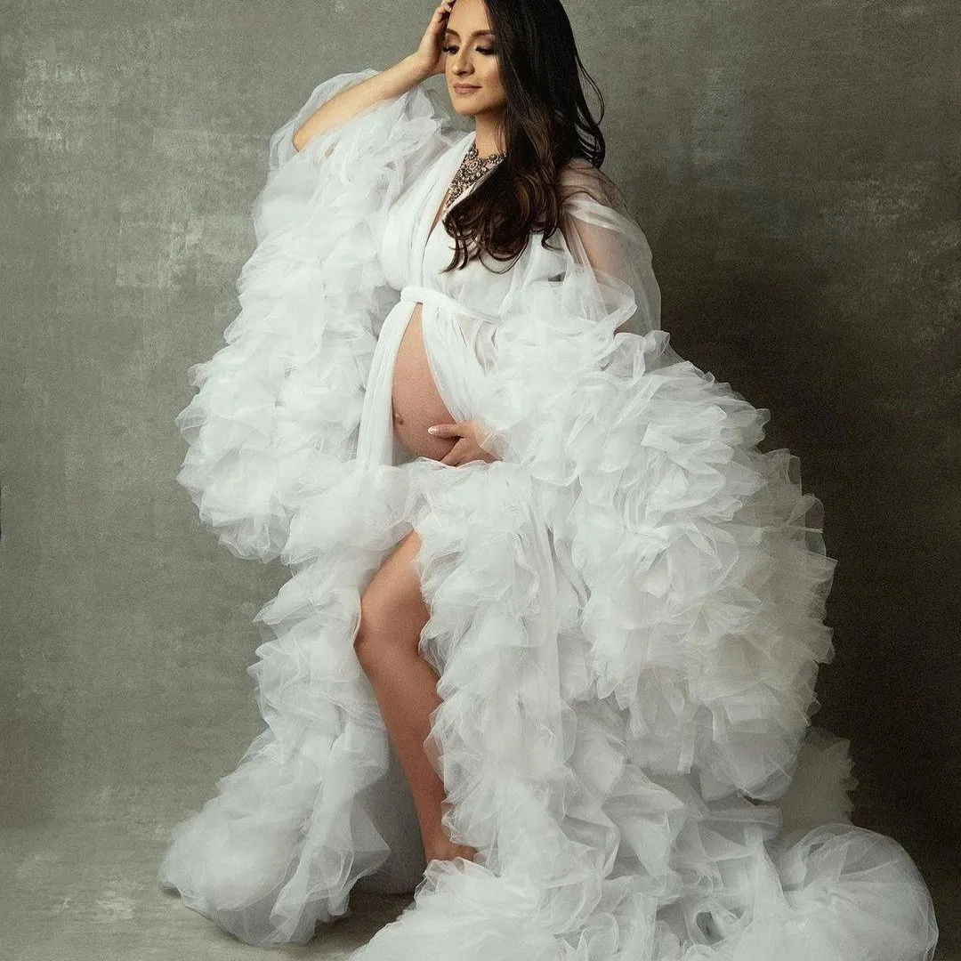 2022 White Women's Prom Jurken V-hals Ruffles Maternity-gewaden voor foto Schieten Elegante lange avondjurken