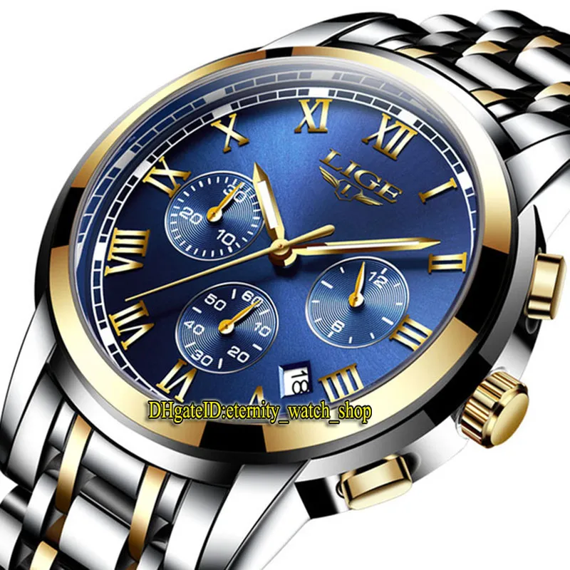 Lige Eternity 9810 Esporte Mens Relógios Data Blue Dial Japão VK Cronógrafo Quartzo Movimento Chronógrafo Homens Assista a Caixa De Aço Ouro Bezel Dois Tom Pulseira Inoperável