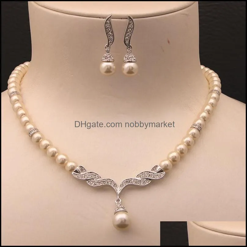 Rose Gold Color Cream Glass Pearl and Rhinestone Crystal Bridal Necklace and Earrings Jewelry Sets