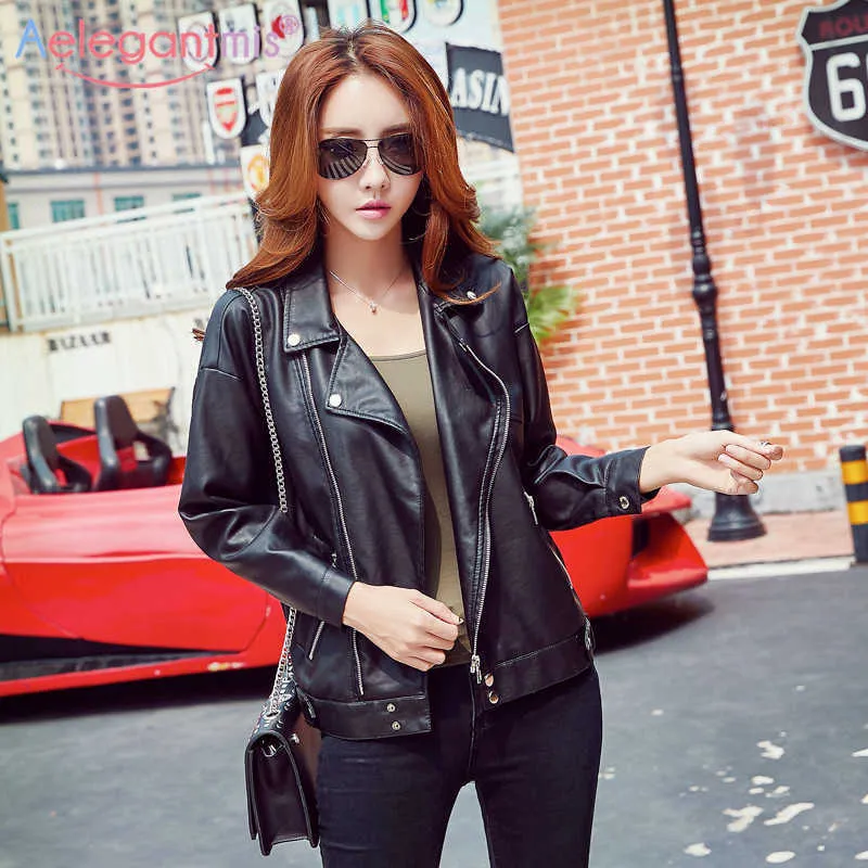 Aelegantmis Autumn Winter Loose PU Faux Leather Jacket Women Classic Black Biker Ladies Basic Coat Plus Size Outerwear 210607