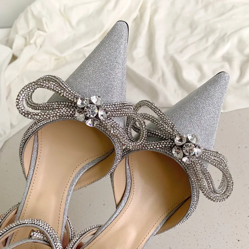 luxurious Designers Dress shoe Evening Slingback Satin Bow Pumps 6.5cm Crystal-Embellishments rhinestone shoes spool Heels sandals for women factory footwear