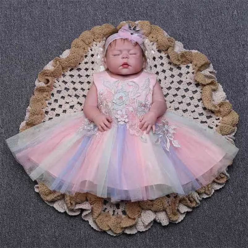 Gökkuşağı Bebek Kız Elbise Yaz Nakış Boncuk İlk Doğum Günü Prenses Parti Gelinlik Vaftiz Kıyafeti E703 210610