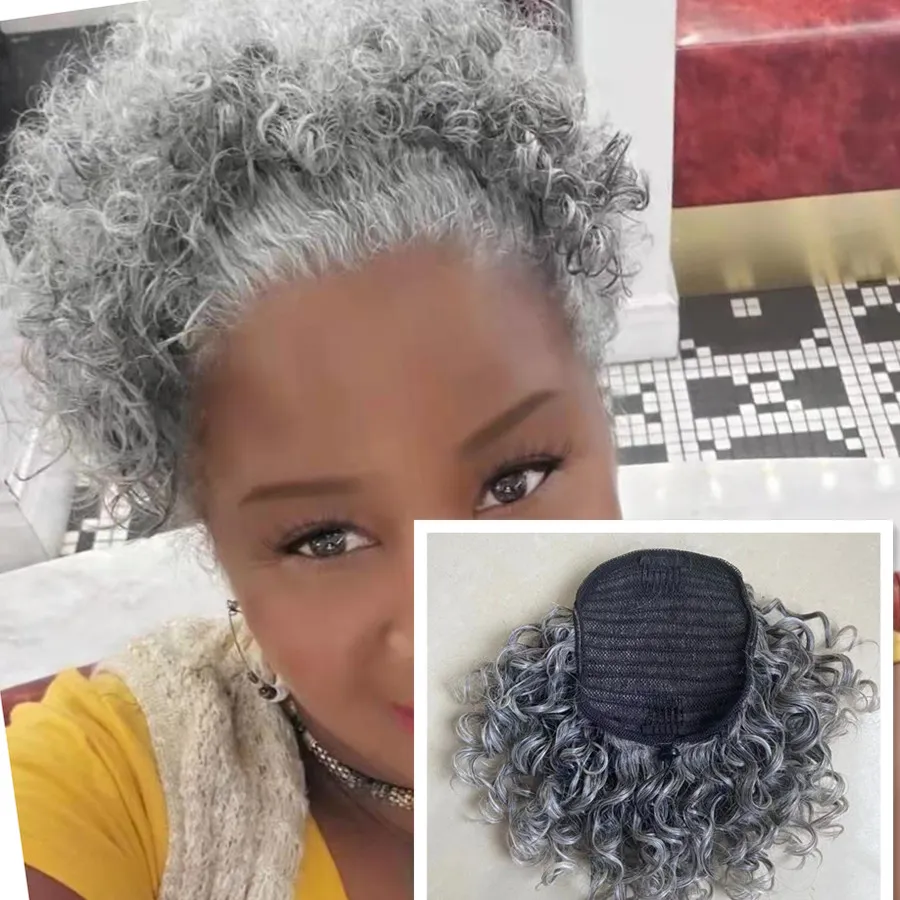 Vrais cheveux gris argent 100% humain deux tons mélangés sel et poivre gris chouchou bouffée chignon extension queue de cheval idéal ajouter longueur 120g 10-20 pouces