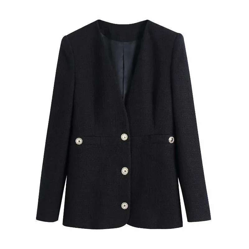 Damespakken Blazers Dames Vintage Zwart Tweed Blazer Vrouwelijke Lange Mouw Elegante Jas Dames