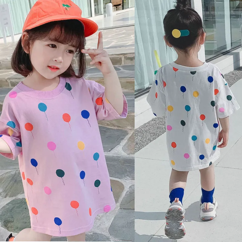 Sommarbarnflickor Färgglada Air Balloon Printing Tee Dresses Kids Short Sleeve Casual Långa Toppar Rainbow Wave Point Dress 20220302 H1