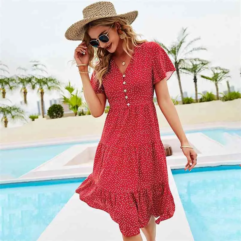 MIDI Dames strand jurk zomer print polka dot cake jurk sexy v nek boho strand ruche korte mouw een lijn zon 210508