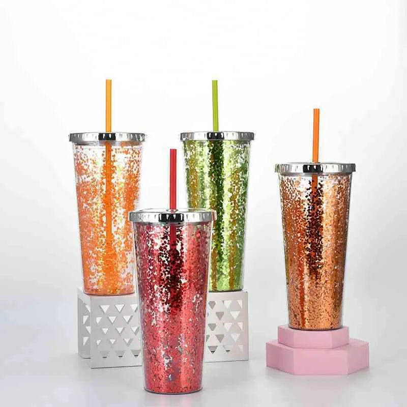 Portable Reusable PP Straw Cup Water Bottle Cup with straw Sequined Glitter  Drinking Cup Juice tumbler Cup Straw Mug Drinkware