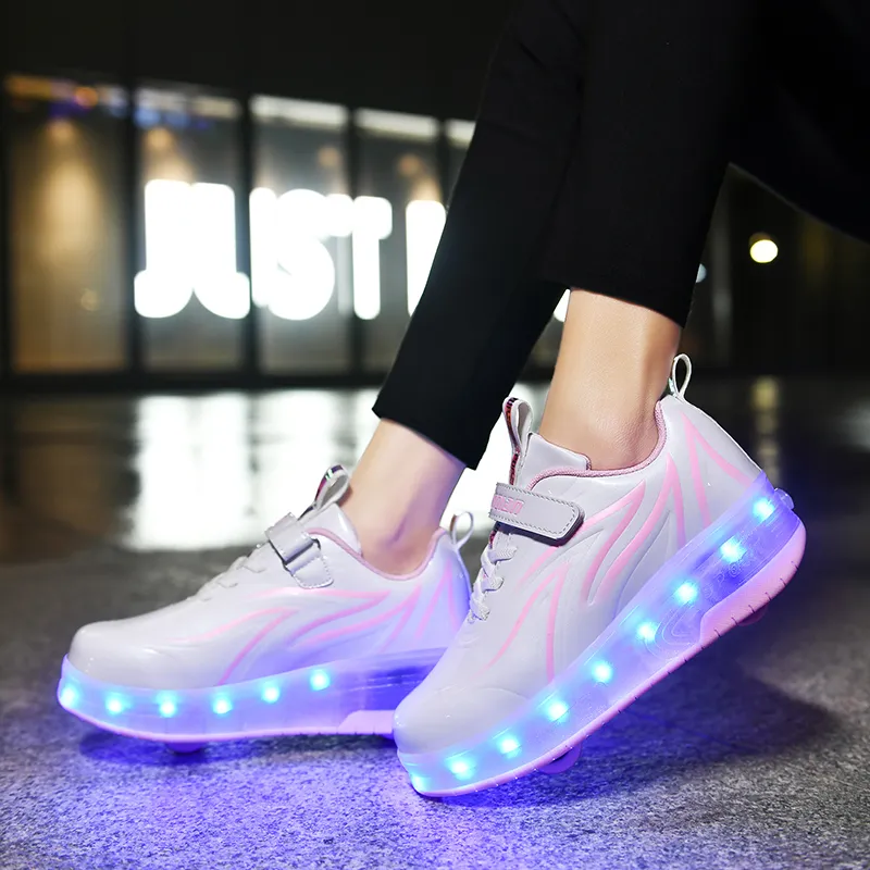 Led Light Up Wheel Sneakers for Kids Boy Girl USB Light Up Roller Shoes with On Double Wheels Children Boys Girls Skate Shoes