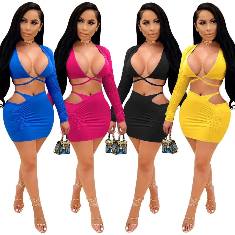 Traseiras das Mulheres Cutubly Suit Solid Secon Store Sexy Duas peças Set Mulheres Deep V Crop Top e Mini Skirt Tracksuit Ruched Hollow Out Club Wear