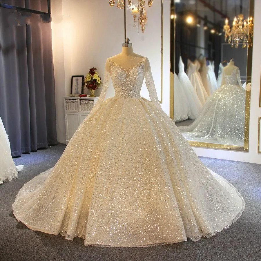 2022 Sparkling Paillettes Ball Gown Abiti da sposa Sheer Jewel Neck Appliqued Paillettes Maniche lunghe Abiti da sposa in pizzo Custom Made Abiti Da Sposa Schienale aperto