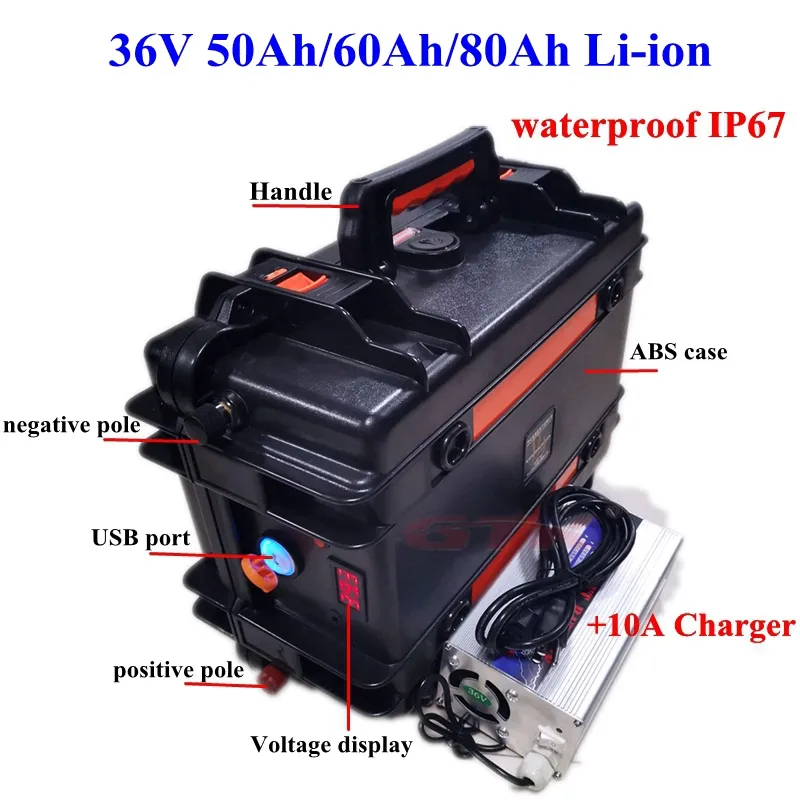 36V 50AH 60Ah 80Ah 리튬 리튬 이온 배터리 BMS 10S 3000W E- 오토바이 EBIKE 전원 은행 태양계 모터 홈 + 10A 충전기