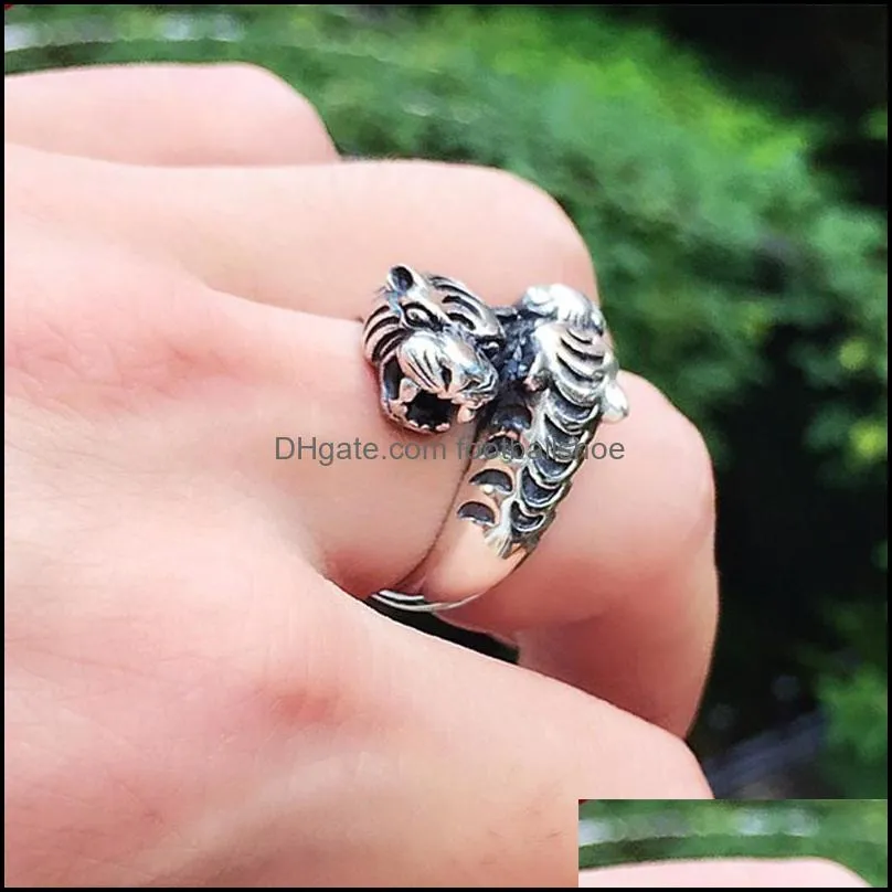 ZABRA 100% Real 925 Sterling Silver Big Opening Men Ring Vintage Black Two Tigers Head Punk Rock Gothic Style Silver Men Jewelry Y1128