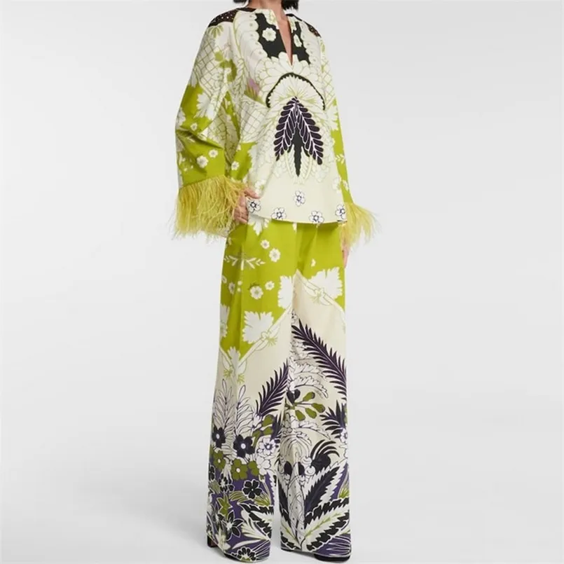 Qian Han Zi designer runway fashion set due pezzi Top / camicetta con piume a maniche lunghe da donna + pantaloni lunghi stampati con motivo vintage 211007